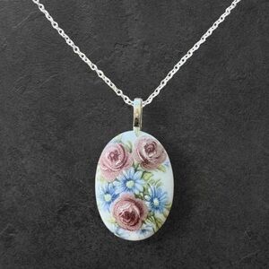 Floral Porcelain and Sterling Silver Pendant Necklace